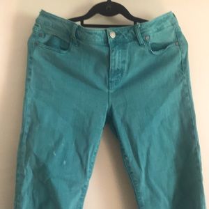 Teal colored jeans. Slim fit, petite.